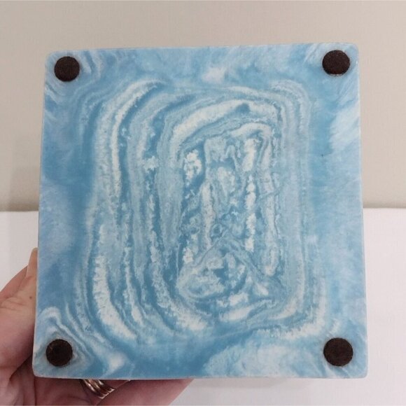 Vtg Signed Robert Nemith Hummingbird & Floral Inlay Blue Soapstone Trinket Box - Picture 8 of 10